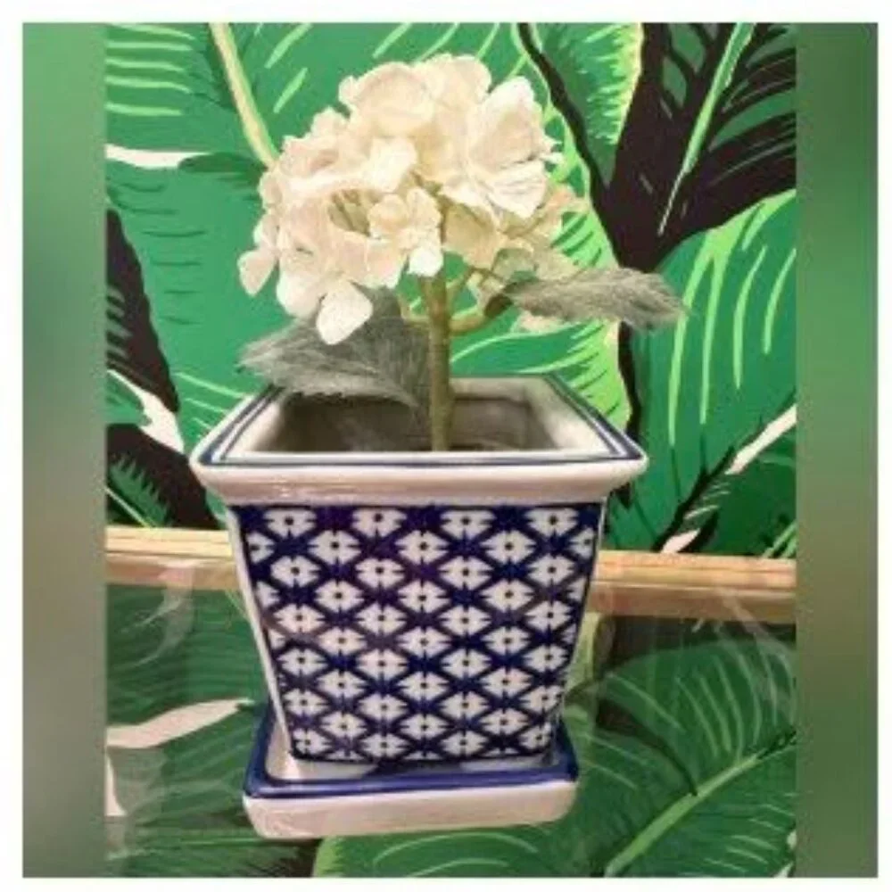 Society Social Blue White Ceramic Planter Faux Hydrangea